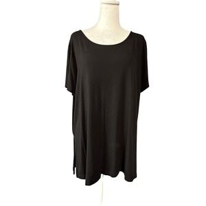 J Jill Wearever Shirt Womens XL Black Tunic‎ Short Sleeve Keyhole Back Stretch